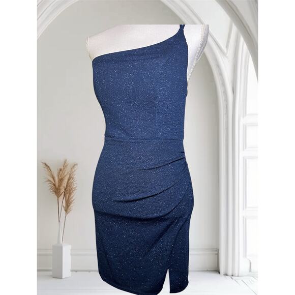 Midnight Doll Dresses & Skirts - Midnight Doll Asymmetrical one-shoulder neckline, Navy Blue Shimmer Dress-Size S